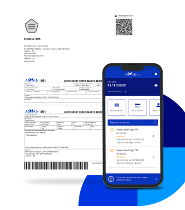 Celular com a tela de pagamento de boleto do Asaas Money e o papel de segunda via de boleto ao lado.